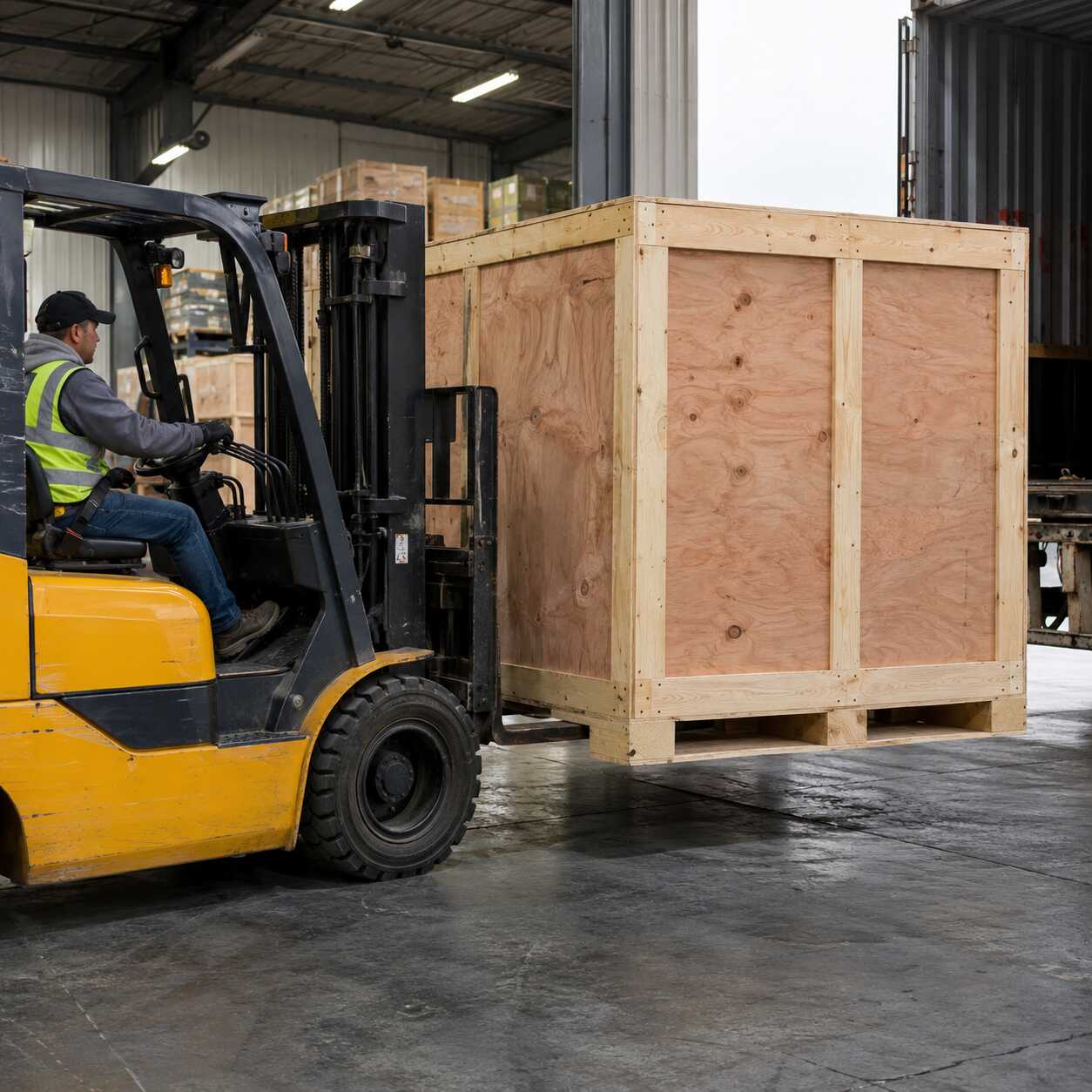 Why is forklift access important in wooden export crates?